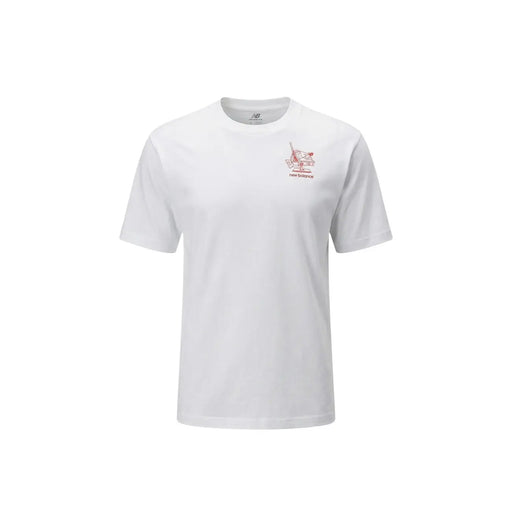 New Balance men t-shirt in white featuring a subtle red vintage radio graphic on the left chest