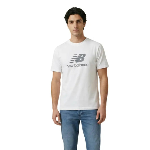 New Balance men t-shirt in white with a gray logo and text on the chest, comfortable casual wear