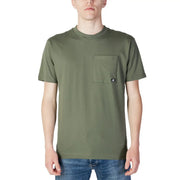 New Balance men’s olive green cotton short-sleeved t-shirt with round neck chest pocket and small black logo