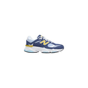 New balance women purple suede sneakers in navy blue and white with bold yellow n logo on the side