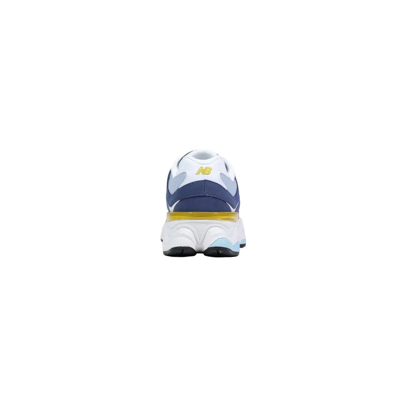 New balance women purple suede sneakers featuring white navy blue and yellow 990v3 design with chunky midsole
