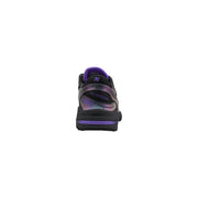 Back view of new balance women purple synthetic sneaker with black accents and shimmering iridescent heel panel