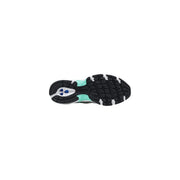 New Balance women silver synthetic sneakers featuring a black and mint green sole with white accents and blue detailing