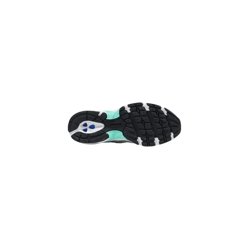 New Balance women silver synthetic sneakers featuring a black and mint green sole with white accents and blue detailing