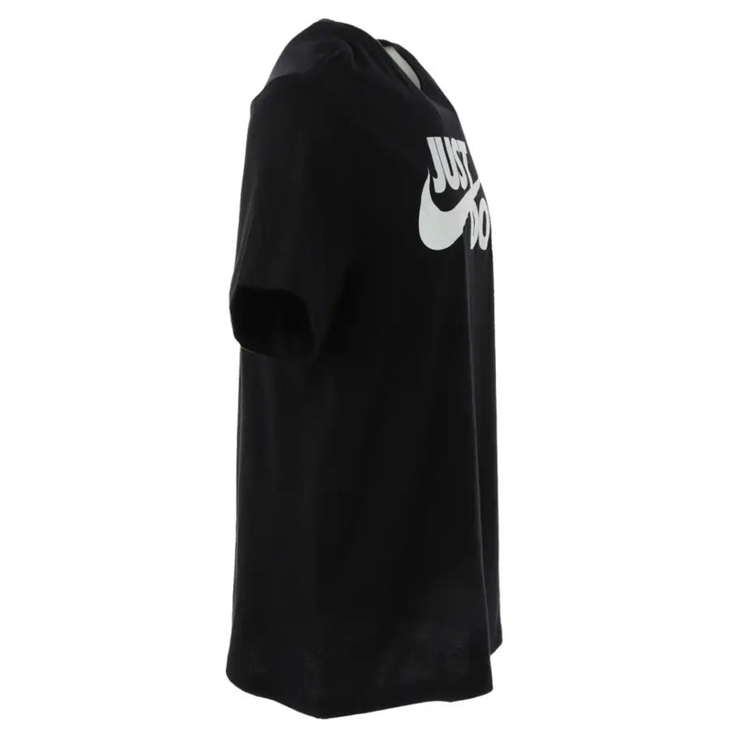 Nike black short sleeve t shirt featuring a bold white just do it logo and swoosh on the chest