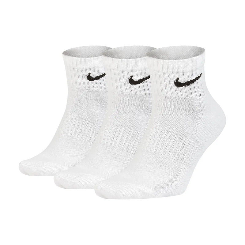 White nike men all season athletic socks with black swoosh logos designed for versatile performance use