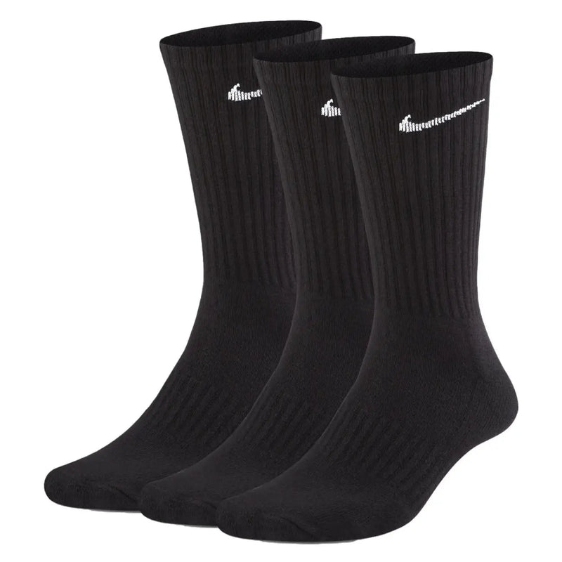 Nike men’s black cotton blend crew socks with white swoosh logo and ribbed texture for fall winter use