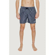 Navy blue Nike men’s swim trunks with white wavy pattern black drawstring waistband made of 100% polyester