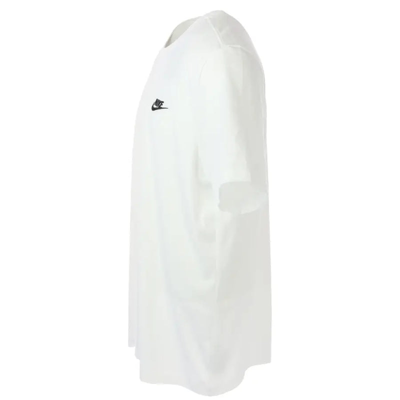 Nike white short sleeve t shirt featuring a black logo on the left chest made from breathable cotton material