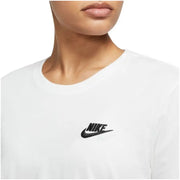White nike women all season cotton t-shirt with black embroidered swoosh logo on the chest and round neck design