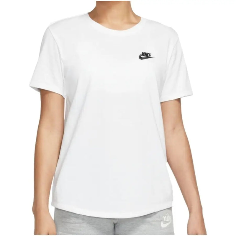 White nike women all season cotton t-shirt with round neck short sleeves and a small black swoosh logo on left chest