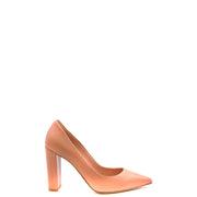 Un élégant escarpin à talon bloc en cuir couleur pêche de la collection d'escarpins à talon bloc en cuir rose pour femmes Ninalilou