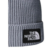 Bonnet The North Face pour homme, en maille côtelée grise avec logo TNF et écusson logo brodé noir, vue de face