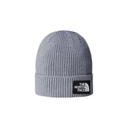 Bonnet The North Face TNF LOGO BOX pour homme, en maille côtelée grise avec logo noir sur le revers (vue de face).