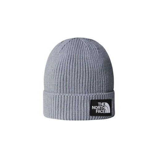 Bonnet The North Face TNF LOGO BOX pour homme, en maille côtelée grise avec logo noir sur le revers (vue de face).