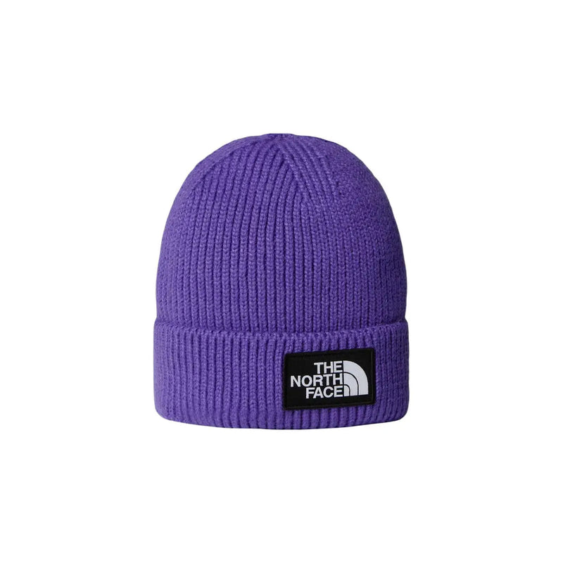 Bonnet The North Face TNF LOGO BOX unisexe en maille côtelée violette avec écusson logo noir, vue de face