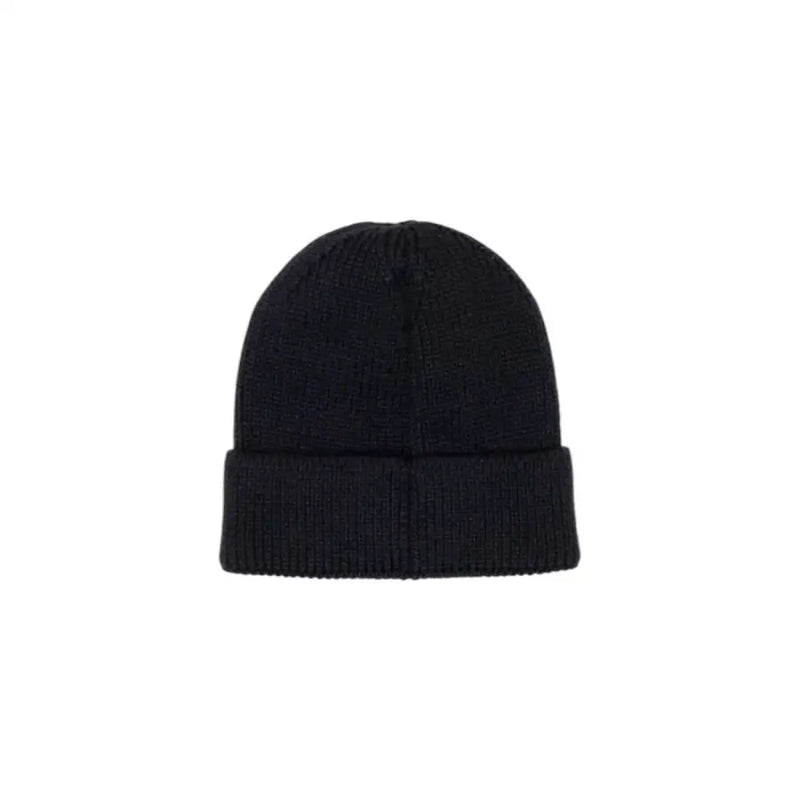 Black ribbed knit beanie hat with folded cuff