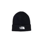 Black beanie with white logo, the north face brand.