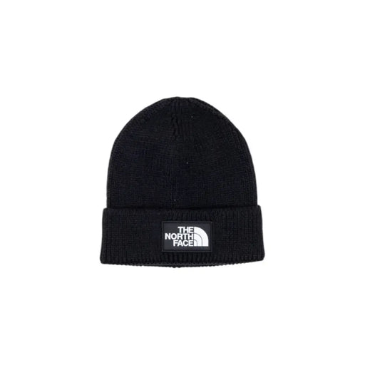 Black beanie with white logo, the north face brand.