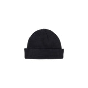 Black ribbed beanie hat with folded cuff, likely made of wool or acrylic.