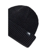 Black ribbed beanie with logo patch, the north face model.