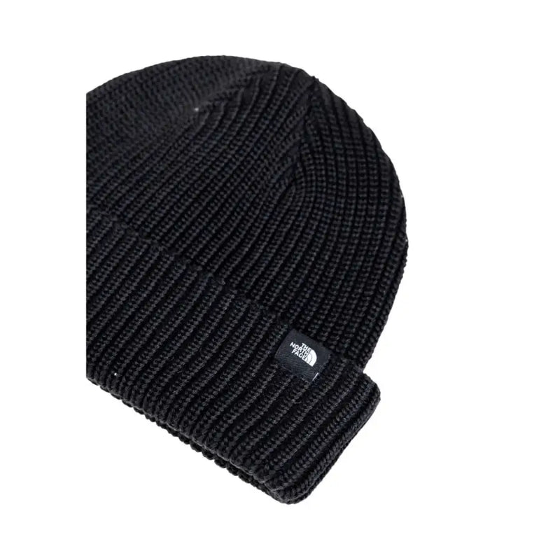 Black ribbed beanie with logo patch, the north face model.