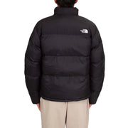 Black puffer jacket with the north face logo on the back.