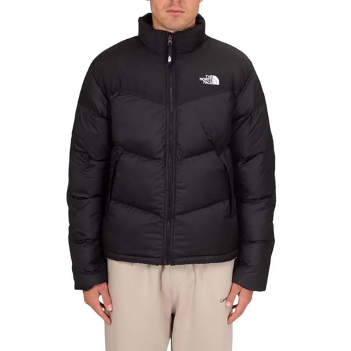Black puffer jacket with zipper and logo on chest, the north face brand.