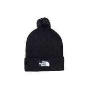 Black beanie with pom-pom and logo, the north face brand.