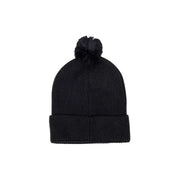 Black knit beanie with pom-pom, unbranded.