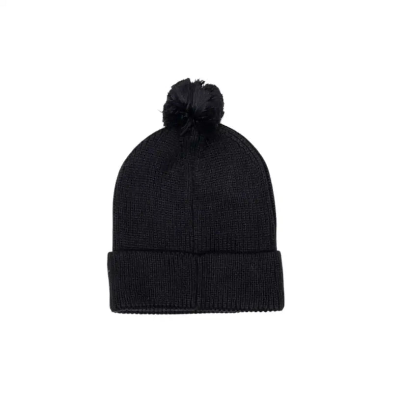 Black knit beanie with pom-pom, unbranded.