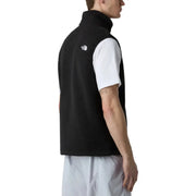 Black fleece vest with white logo, the north face brand.