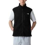 Black fleece vest with full zipper and logo patch, the north face brand.