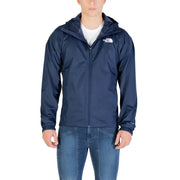 Navy blue hooded jacket with white logo, full zip design.