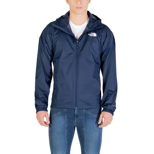 Navy blue hooded jacket with white logo, full zip design.