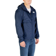 Navy blue hooded windbreaker jacket with the north face logo.