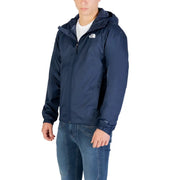 Navy blue hooded jacket with a zipper and the north face logo.