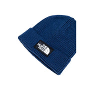 Blue beanie with white logo and black strap, the north face brand.