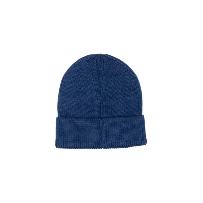 Navy blue ribbed knit beanie hat with folded cuff.