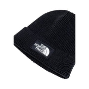 Bonnet The North Face noir en maille côtelée pour homme avec logo brodé blanc sur la visière repliée (vue de face)