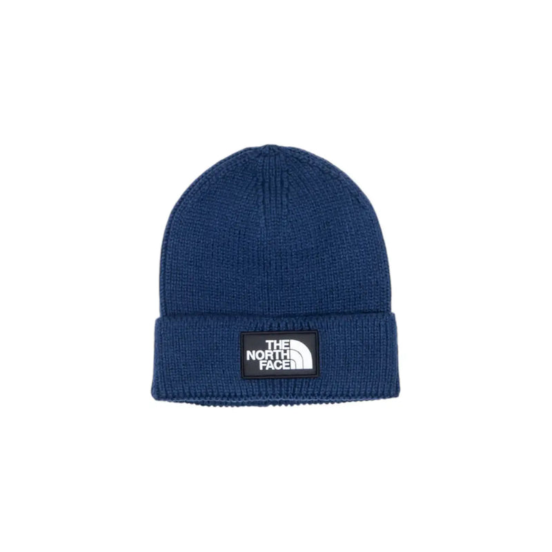 Bonnet The North Face bleu marine en maille pour homme avec logo rectangulaire noir, vue de face
