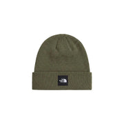 Bonnet The North Face Dock Worker pour homme, en maille vert olive, revers replié et logo noir, vue de face