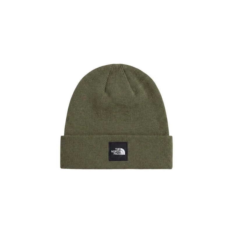 Bonnet The North Face Dock Worker pour homme, en maille vert olive, revers replié et logo noir, vue de face