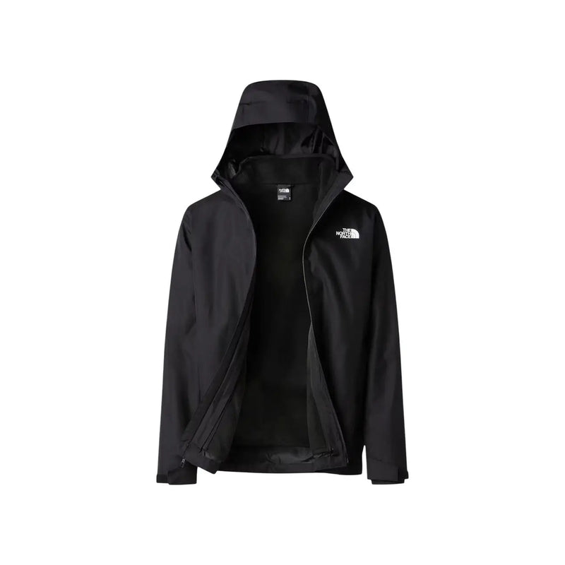 Veste The North Face Quest Tri pour homme, noire avec logo blanc sur la poitrine et capuche, vue de face