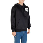 Black men’s hooded sweatshirt with front pouch pocket and white square logo patch