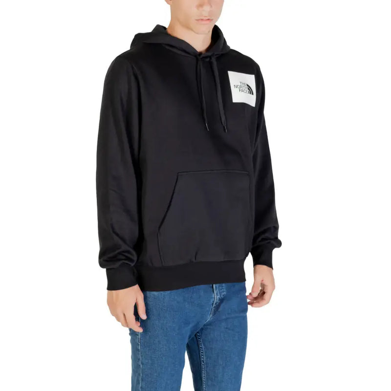 Black men’s hooded sweatshirt with front pouch pocket and white square logo patch