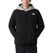 Le blazer pour homme The North Face, une veste longue en nylon noir zippée, est doté d'une capuche noire avec un intérieur doublé de gris et d'un logo sur la poitrine.