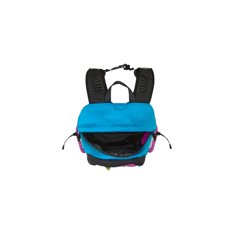 Sac à dos The North Face Hot Shot SE pour homme, en nylon violet, aux couleurs turquoise et violettes éclatantes, avec bretelles en maille noire.