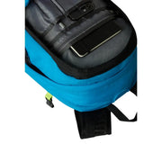 Sac à dos The North Face Hot Shot SE pour homme, en nylon bleu et noir, avec tirettes de fermeture éclair vert fluo et tissu résistant.