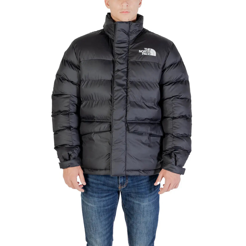 Veste The North Face pour homme, col roulé long en polyester noir, matelassée, avec logo sur la poitrine.